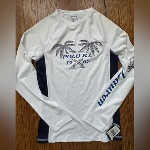 NWT Polo Ralph Lauren boys size 10-12 blue and white long sleeve swim rash guard